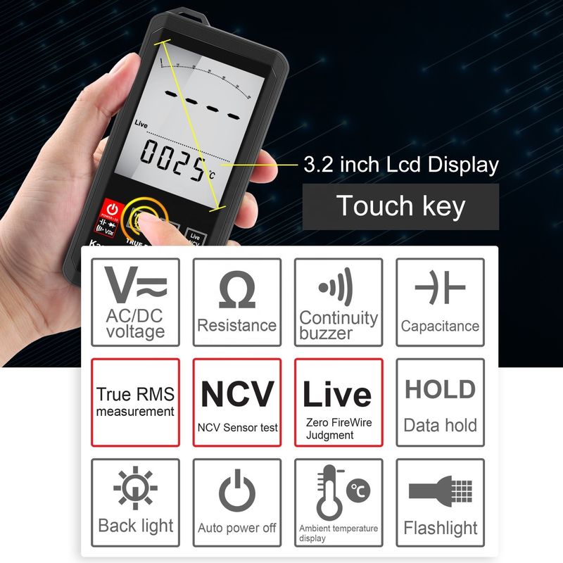 หน้าจอใหญ่ อัตโนมัติ ระยะสัมผัส มัลติเมตรดิจิตอล RMS จริง มัลติเมตรดิจิตอล AC DC โวลเตจ มินิ มัลติเมตรกระเป๋า