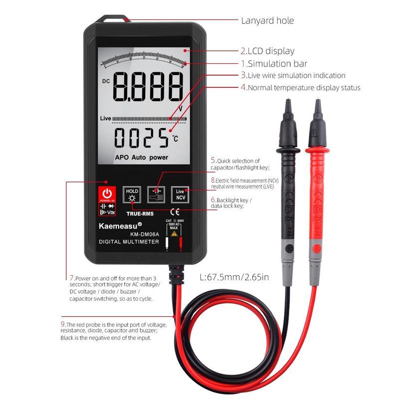 หน้าจอใหญ่ อัตโนมัติ ระยะสัมผัส มัลติเมตรดิจิตอล RMS จริง มัลติเมตรดิจิตอล AC DC โวลเตจ มินิ มัลติเมตรกระเป๋า
